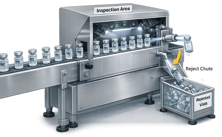 Automated reject mechanism diverting defective tablets from a conveyor after detection by inspection equipment.