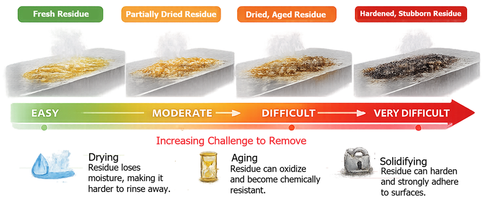 Diagram comparing fresh residue and dried residue on equipment surfaces showing increased cleaning difficulty after residue aging.