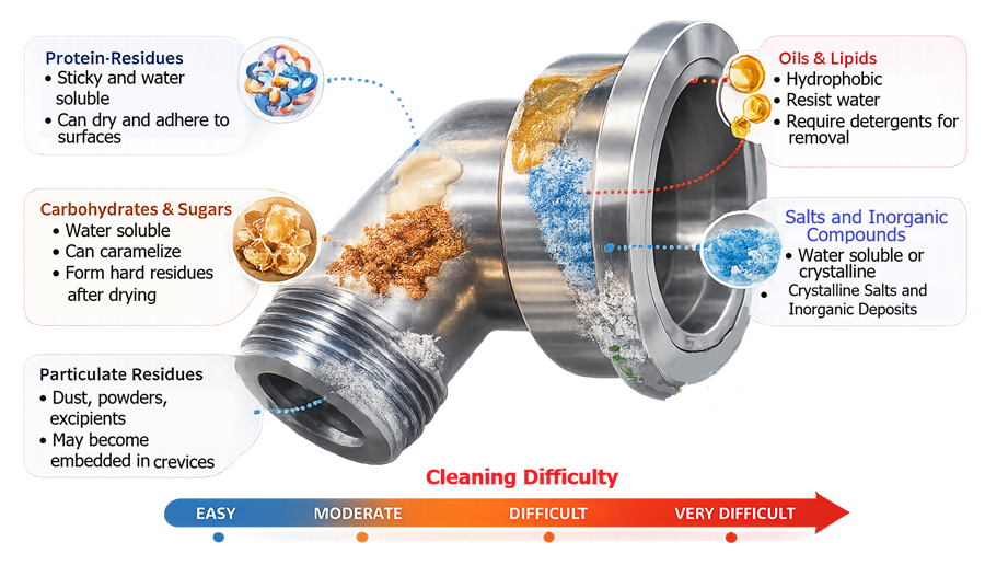 Diagram showing residues attached to equipment surfaces including dried films, oils, particles, and salts that influence cleaning difficulty.
