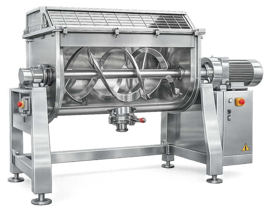 Pharmaceutical ribbon mixer with helical mixing ribbons used for convective powder blending.