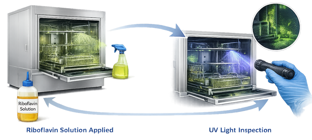 Riboflavin spray coverage test used during washer qualification showing application of riboflavin solution to components before the wash cycle and ultraviolet inspection afterward to detect areas with insufficient spray coverage.