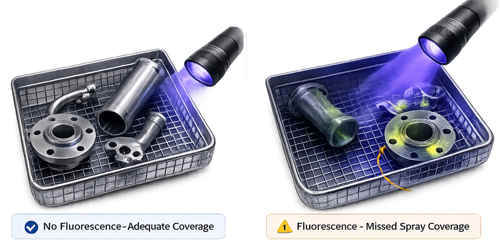Ultraviolet inspection of riboflavin residue on stainless equipment components showing comparison between adequate spray coverage and missed spray coverage areas.