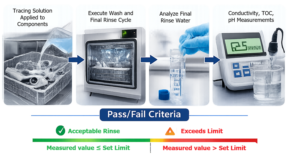 Rinse effectiveness verification during washer performance qualification showing final rinse water sampling and analytical evaluation.