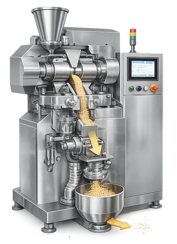 Pharmaceutical roller compactor used for dry granulation producing compacted ribbons prior to milling.