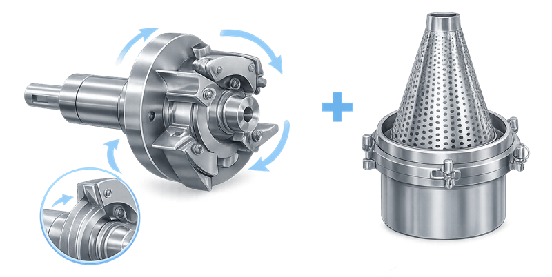 Diagram showing rotor and screen assembly controlling particle size distribution in pharmaceutical milling equipment.