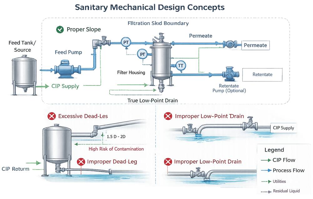 Engineering diagram showing sanitary piping slope, controlled dead-leg configuration, verified low-point drainage, and defined CIP return path in a GMP filtration skid.