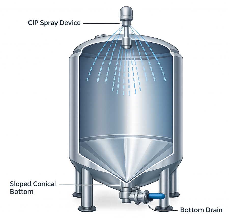 Diagram of hygienic pharmaceutical tank geometry showing conical bottom, spray device placement, and bottom drain configuration.