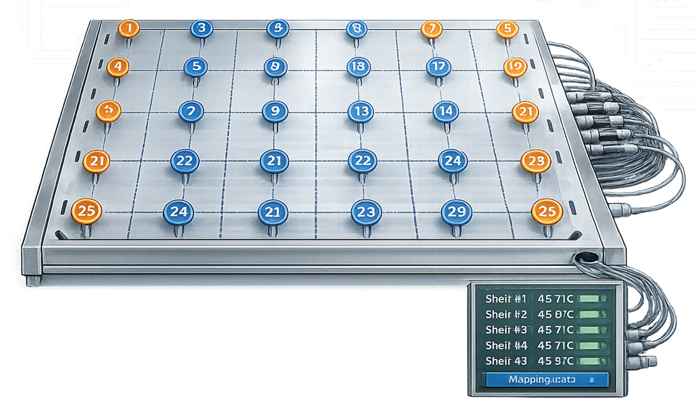 Grid layout of temperature probe positions used for shelf temperature uniformity mapping in lyophilizer.