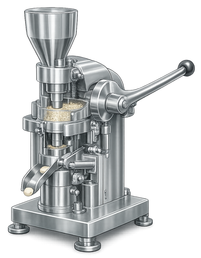 Single-station pharmaceutical tablet press showing upper punch, lower punch, die cavity, and compression mechanism used for laboratory tablet compression.