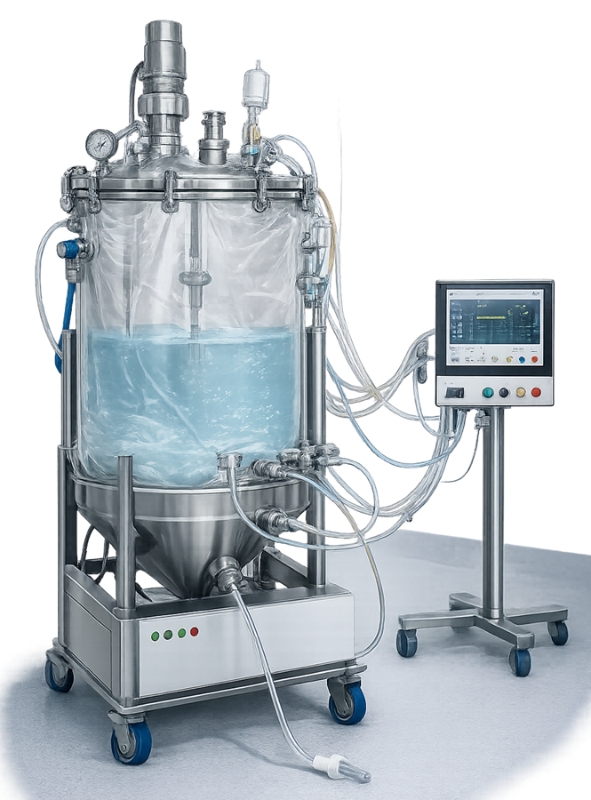 Diagram of single-use bioprocess vessel with disposable bag in rigid support frame connected to sterile tubing.