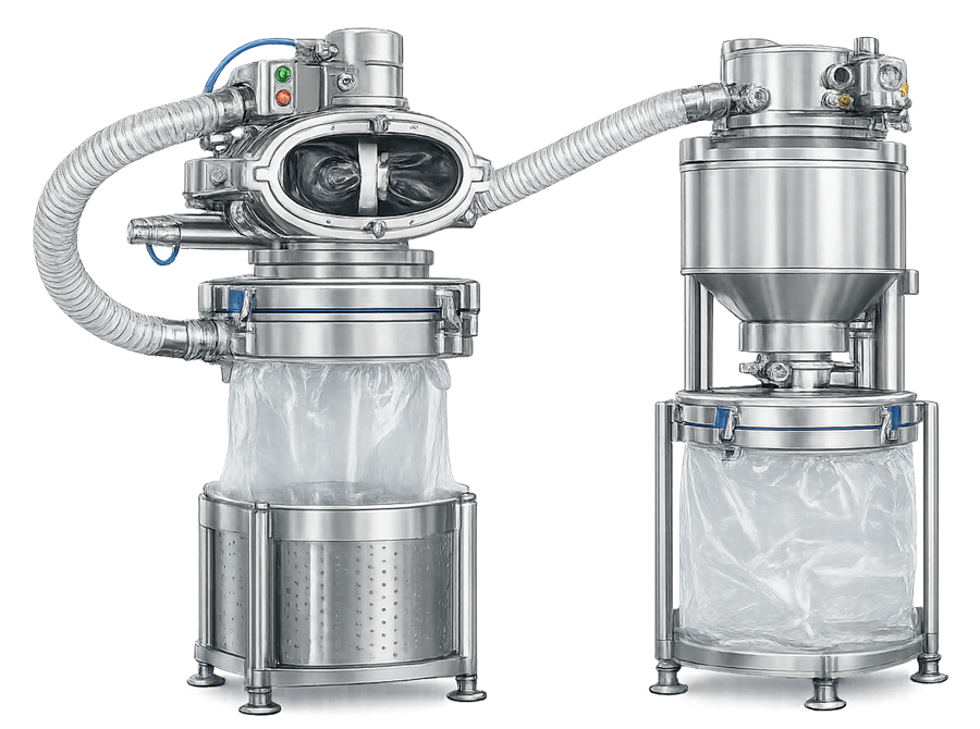 Split butterfly valve used for contained powder transfer between pharmaceutical containers and processing equipment.