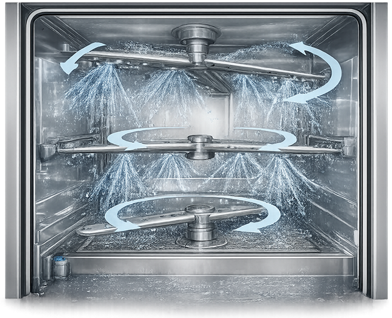 Rotating spray arm distribution system inside a parts washer showing nozzle spray patterns and wash water coverage across loaded racks.