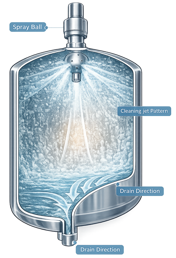 Cutaway diagram of a pharmaceutical process vessel showing CIP spray coverage. A spray ball mounted at the top distributes cleaning jets across the internal vessel surfaces, forming a liquid film that flows downward along the walls and drains through the conical bottom outlet during a clean-in-place cycle.