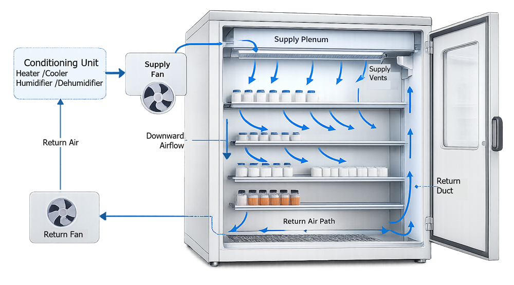 Airflow circulation diagram inside pharmaceutical stability chamber showing circulation fans and airflow distribution across storage shelves. 