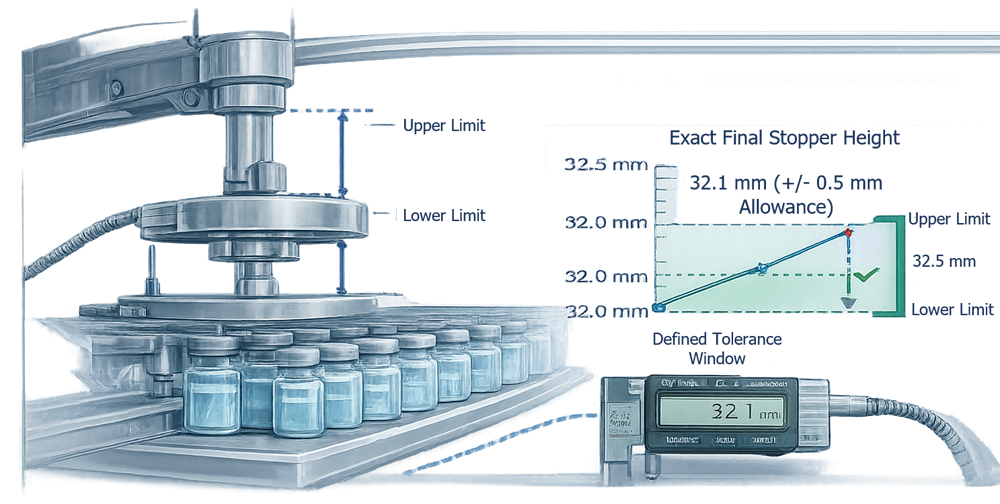 Illustration showing measurement of final stopper seating height during lyophilizer stoppering verification.