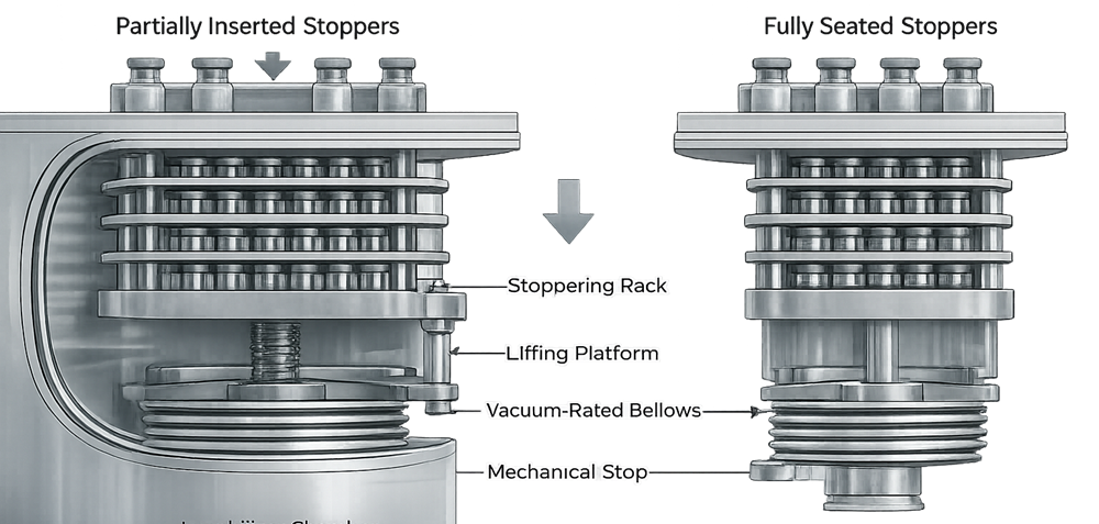 Diagram of shelf lowering mechanism compressing vial stoppers during lyophilization stoppering step.