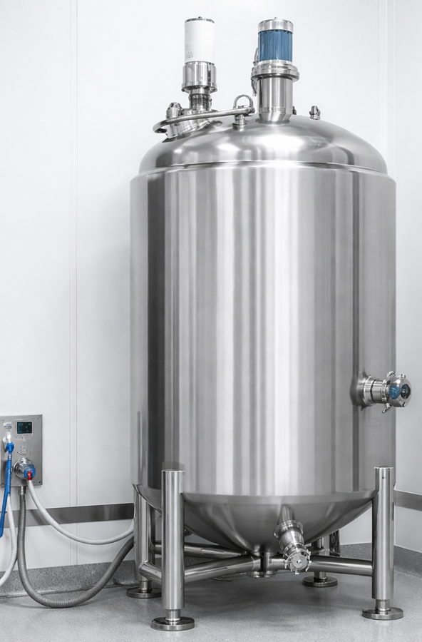 Vertical stainless steel pharmaceutical storage tank with sanitary connections and instrumentation used for process liquids.