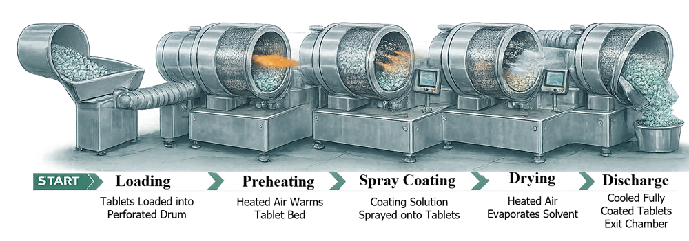Tablet coating process sequence showing loading, preheating, spray coating, drying, and product discharge.