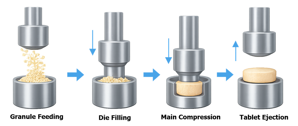Tablet compression sequence showing granule feeding, die filling, compression, and tablet ejection in a pharmaceutical tablet press.