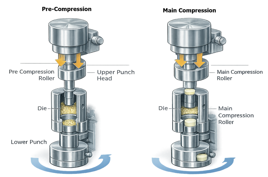Rotary tablet press compression stages showing pre-compression and main compression rollers applying force to punches to form tablets in the die cavity.