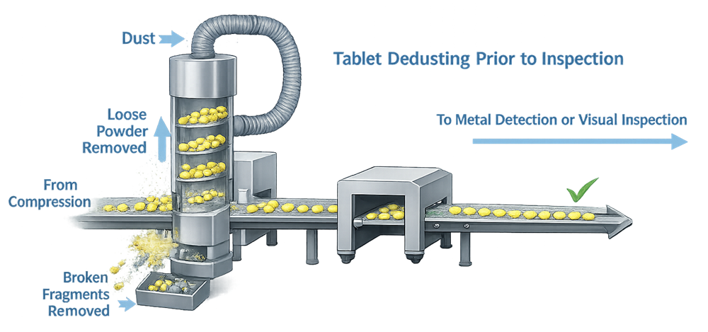 Tablet deduster removing loose powder from tablets after compression before tablets proceed to downstream inspection equipment.
