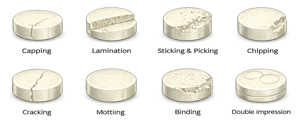 Examples of common tablet compression defects including capping, lamination, and chipping.