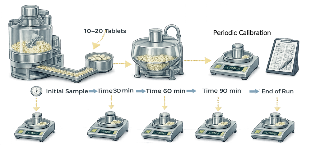 Tablet compression sampling strategy showing sample collection points across the compression run during Performance Qualification.