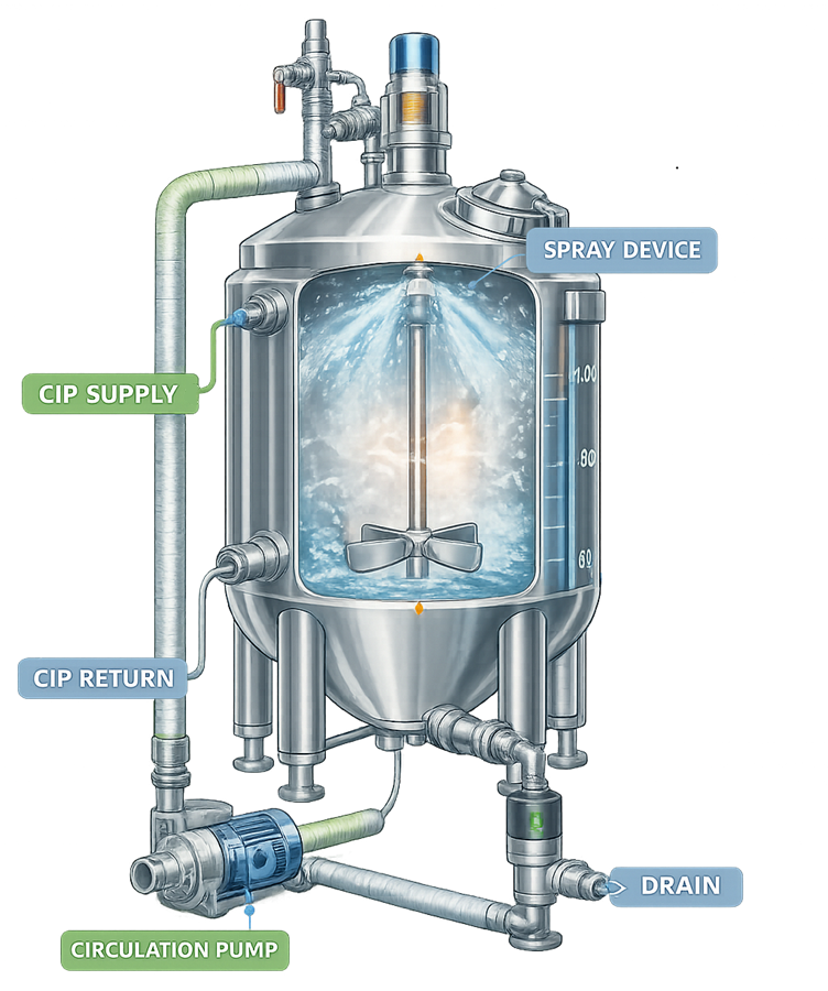 Diagram showing CIP system integrated with pharmaceutical process vessel including spray device, supply line, circulation pump, return line, and drain connection.