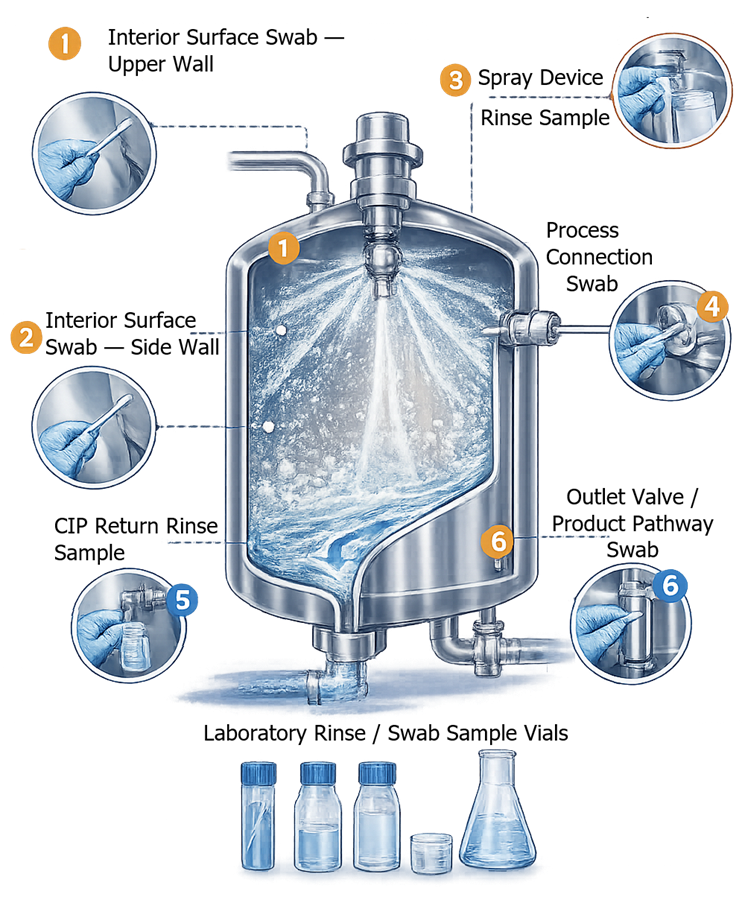 Diagram of a pharmaceutical process vessel showing typical cleaning verification sampling locations, including interior surface swab points on vessel walls and components, and rinse sample collection from the vessel drain or CIP return line for laboratory analysis.
