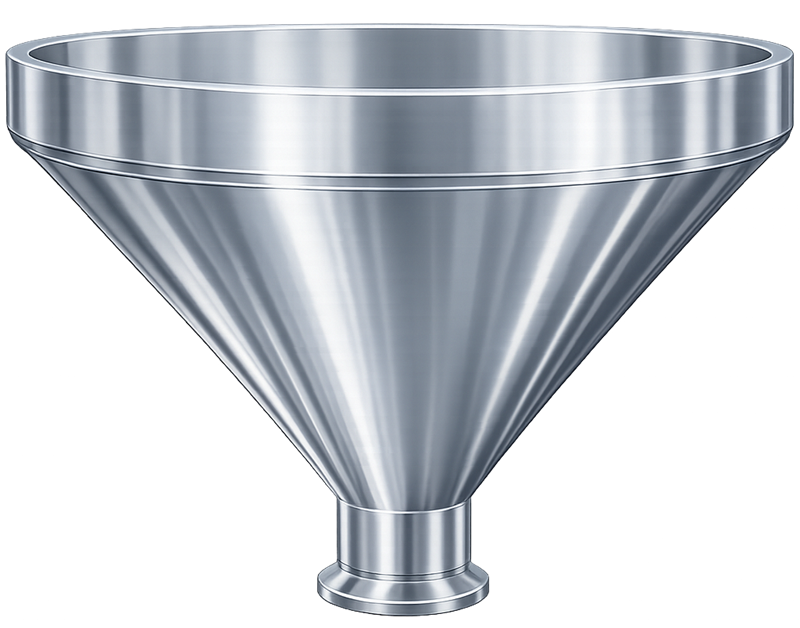 Polished stainless steel conical bottom section of a pharmaceutical process vessel with wide cone angle and sanitary tri-clamp outlet designed to promote complete drainage of process fluids.