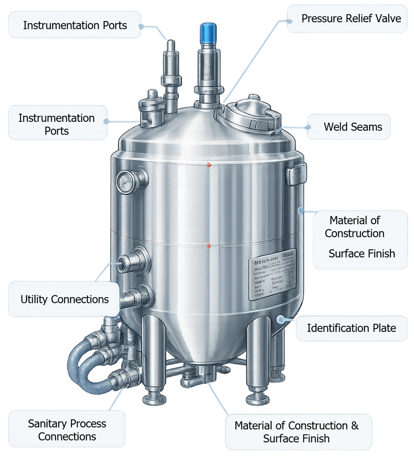 Diagram of pharmaceutical process vessel showing installation qualification verification points including materials of construction, weld seams, instrumentation ports, sanitary connections, utility connections, and vessel identification plate.