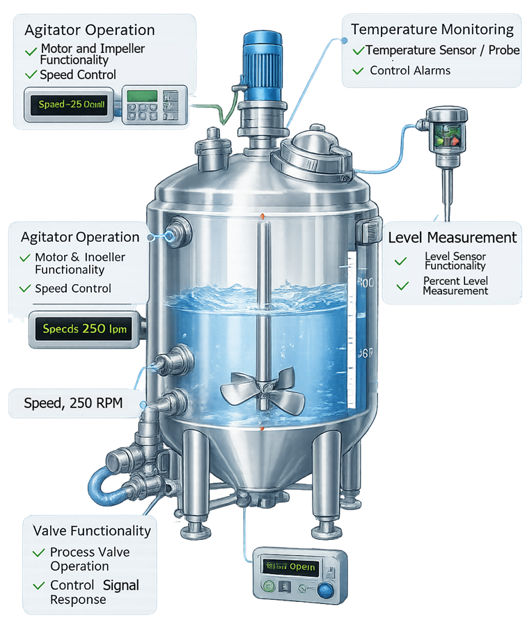 Diagram of pharmaceutical process vessel showing operational qualification testing points including agitator motor and impeller, temperature sensor, level measurement device, process valves, and instrumentation used to verify functional operation.