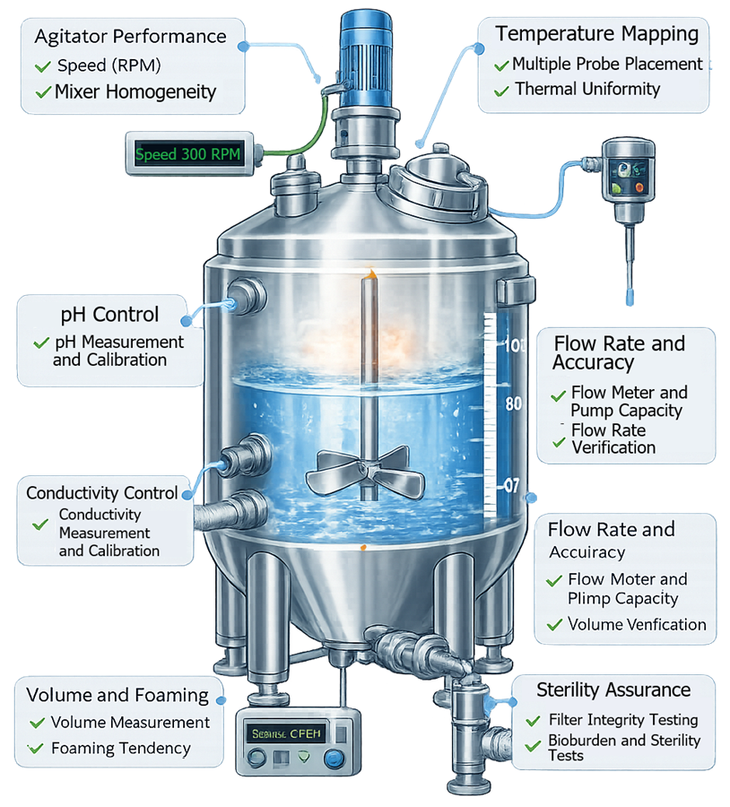 Diagram showing mixing, temperature control, and process transfer operations evaluated during tank performance qualification.