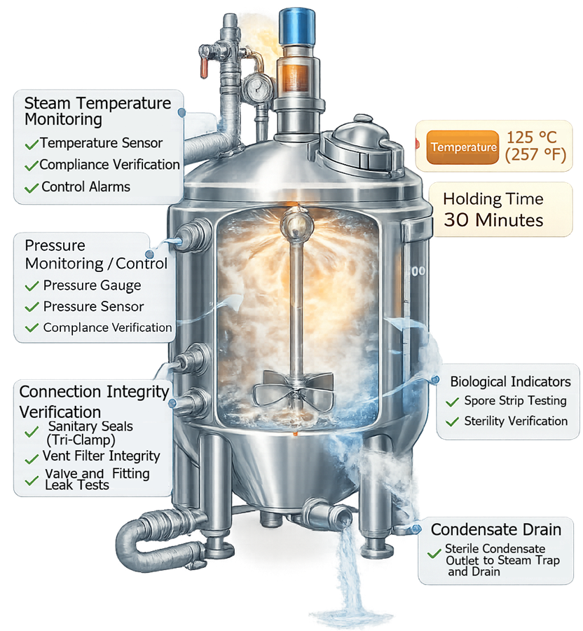 Diagram showing steam flow and condensate drainage during steam-in-place sterilization of a process vessel.