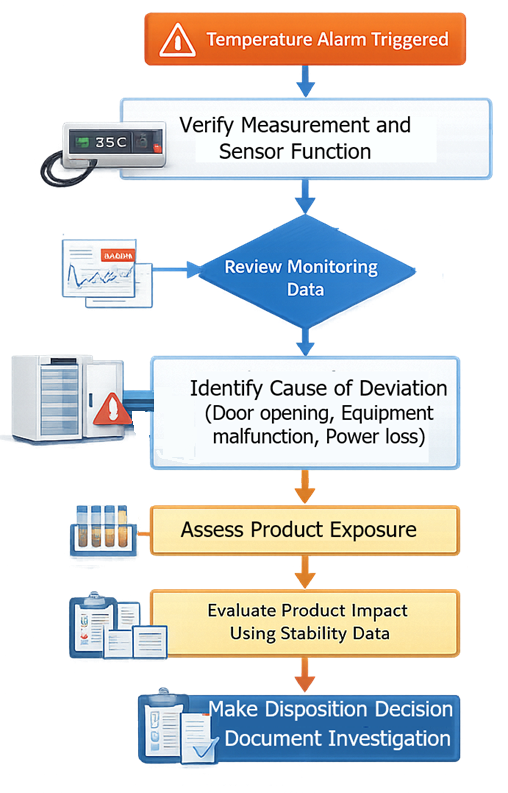 Workflow diagram showing temperature alarm response including alarm detection, verification of temperature condition, review of monitoring data, evaluation of product impact, and documentation of investigation outcomes.