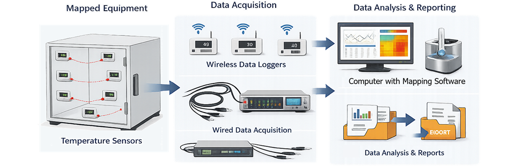 Architecture of thermal mapping instrumentation showing distributed temperature sensors connected to wireless data loggers or wired data acquisition systems with data transferred to analysis software for qualification analysis.