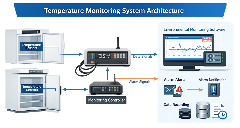 Architecture of a temperature monitoring system showing storage equipment sensors connected to a monitoring controller and environmental monitoring software with alarm notification and historical data recording.