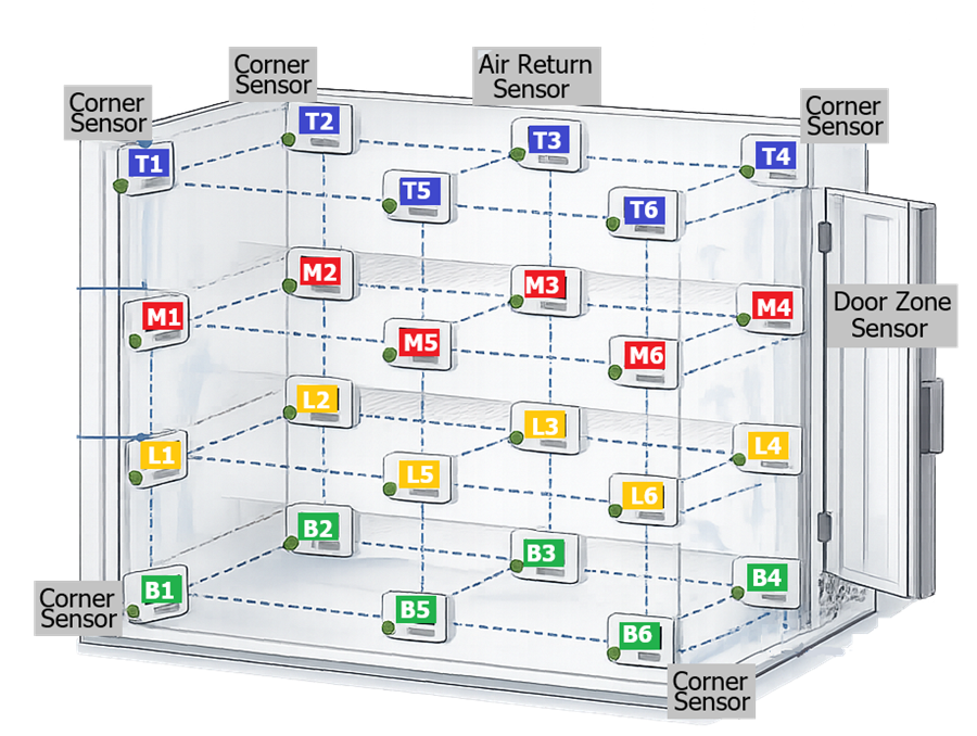 Three-dimensional sensor grid used during thermal mapping showing distributed temperature measurement points across upper, middle, and lower layers of the mapped volume including corner and center positions.