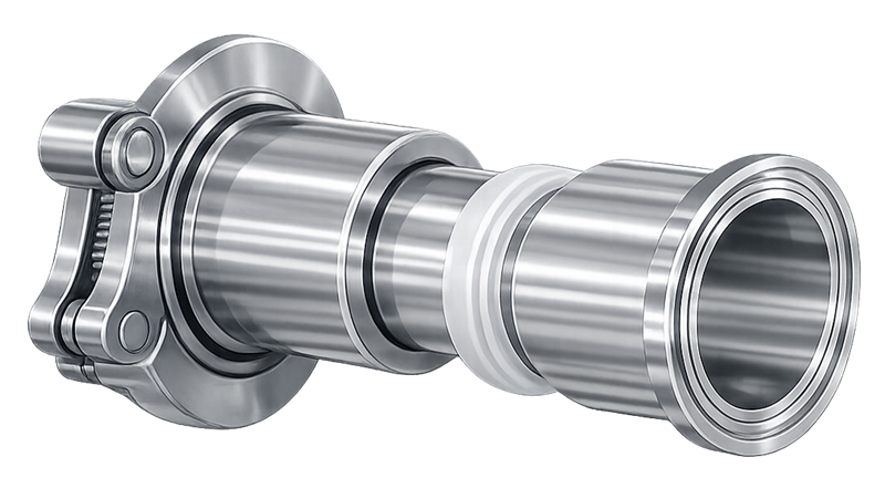 Tri-Clamp sanitary fitting showing two stainless steel ferrules joined with a gasket and secured by a clamp ring with wingnut, used to create a hygienic, crevice-free connection between process piping components in pharmaceutical and biotechnology equipment.