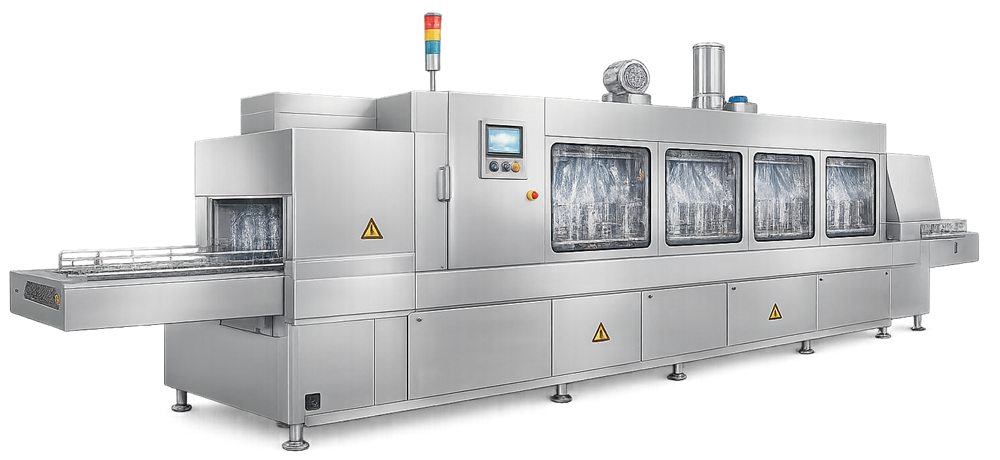 Industrial tunnel washer used for high-throughput cleaning of equipment parts with multiple washing and rinsing zones.