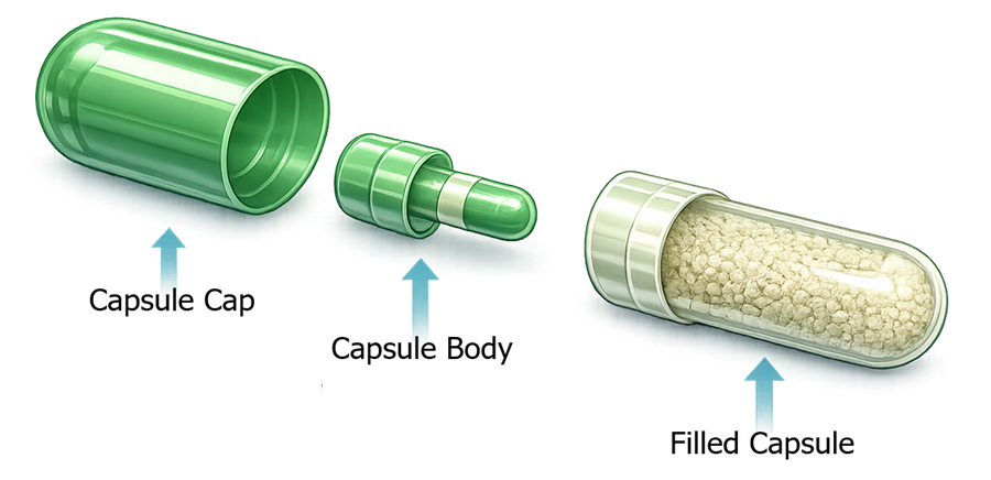 Two-piece pharmaceutical capsule showing capsule body and capsule cap used in capsule filling.
