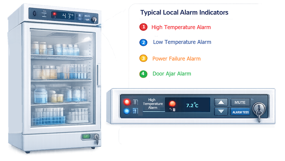 Laboratory pharmaceutical refrigerator control panel showing temperature display and typical local alarm indicators including high temperature alarm, low temperature alarm, power failure alarm, and door open alarm used to alert operators to abnormal storage conditions.