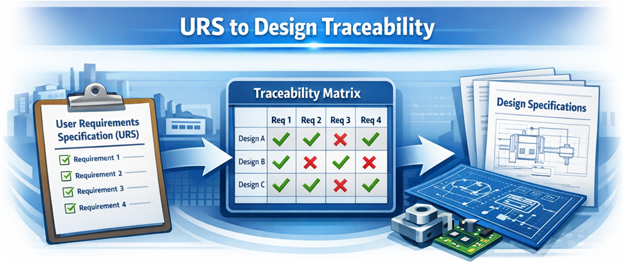 Traceability diagram linking user requirements to corresponding analytical instrument design features, highlighting verified connections and potential gaps.