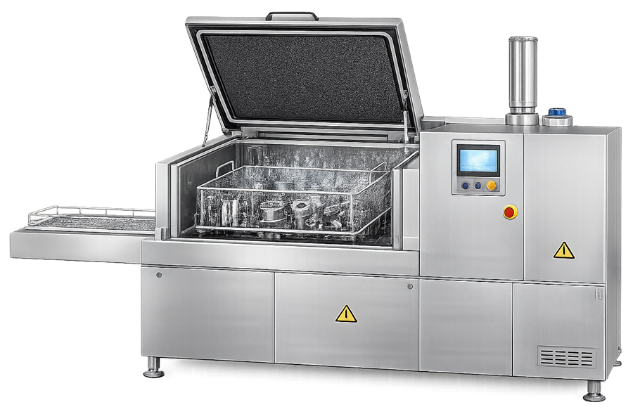 Ultrasonic parts washer used for cleaning precision components using cavitation generated by high-frequency sound waves.