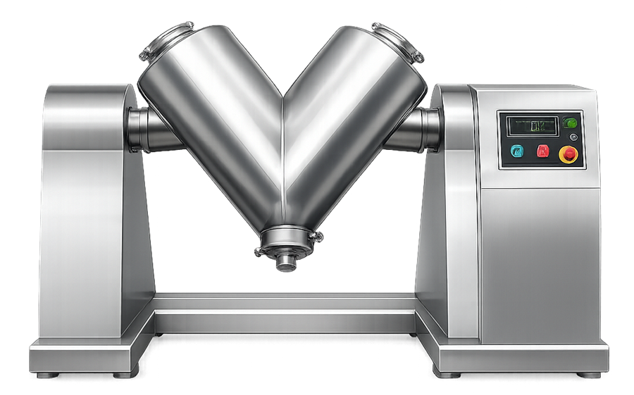 Pharmaceutical V-blender used for gentle tumbling mixing of dry powders.