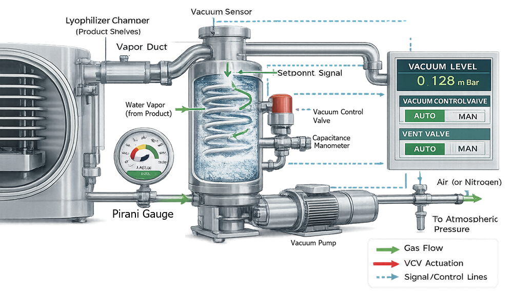 Vacuum instrumentation diagram showing capacitance manometer and Pirani gauge used in lyophilization system.