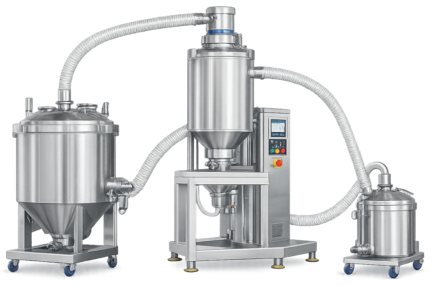 Vacuum powder transfer system used for enclosed movement of pharmaceutical powders between equipment units.