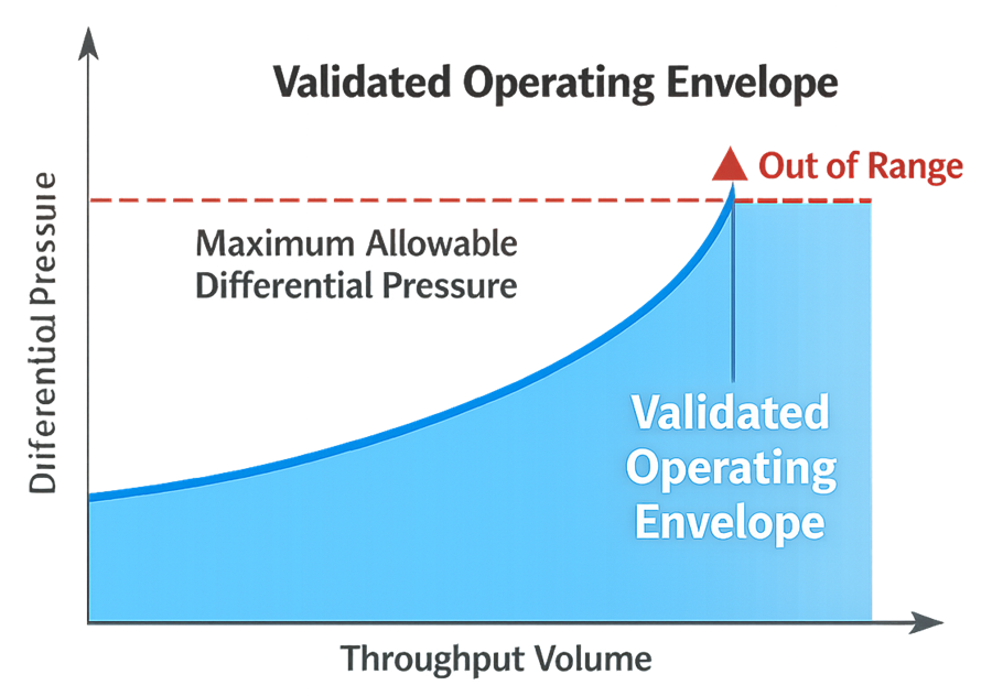 Graph showing differential pressure versus throughput volume with a defined validated operating envelope and maximum allowable pressure limit for a filtration process.