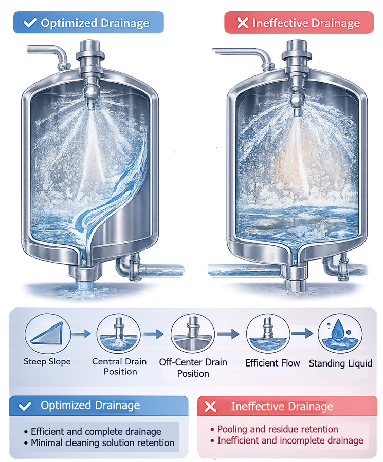Diagram showing conical vessel bottom and bottom outlet valve allowing drainage of cleaning solution after CIP cycle.