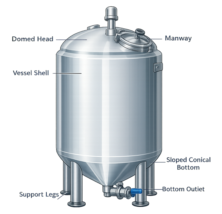Diagram of pharmaceutical process vessel showing shell, domed head, manway, support legs, and bottom outlet connection.